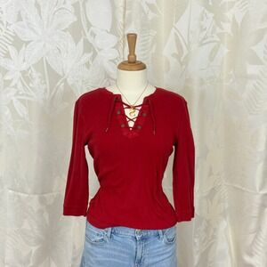 LRL Ralph Lauren Jeans Co Red Lace Up V Neck 3/4 Sleeve Top Women's Medium